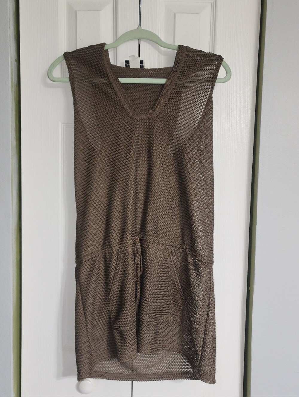 Sleeveless Mesh Brown Knit Hooded Swimwear Cover-up